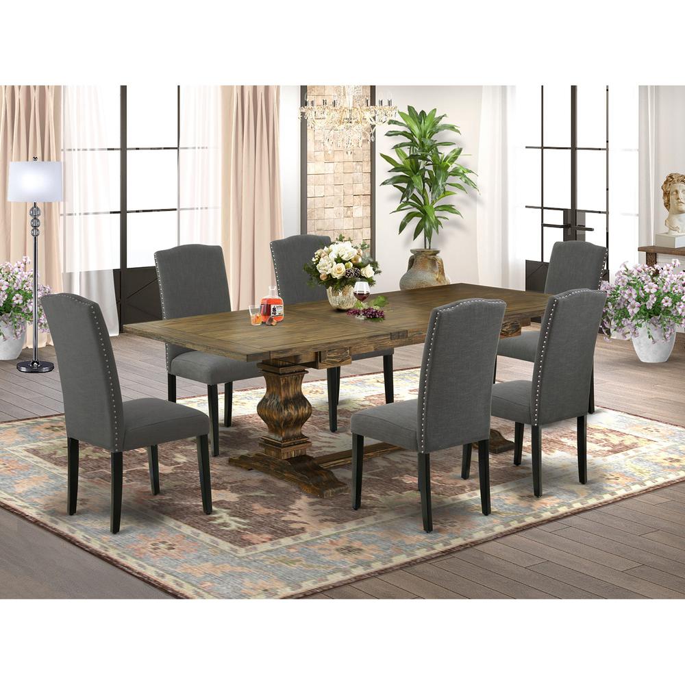 7 Piece Kitchen Table Set Consist of a Rectangle Dining Table with Removable Leaf and 6 Dark Gotham Linen Fabric Parson Chairs, 42x92 Inch, Jacobean. Picture 2