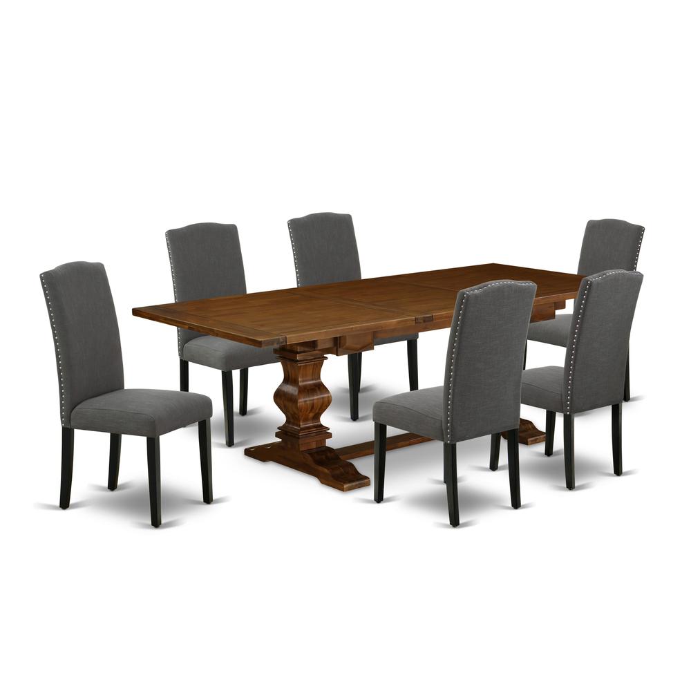 East West Furniture Lassale 7 Piece Dining Set Consist of a Rectangle Butterfly Leaf Table and 6 Dark Gotham Linen Fabric Upholstered Chairs, 42x92 Inch, Antique Walnut. Picture 1