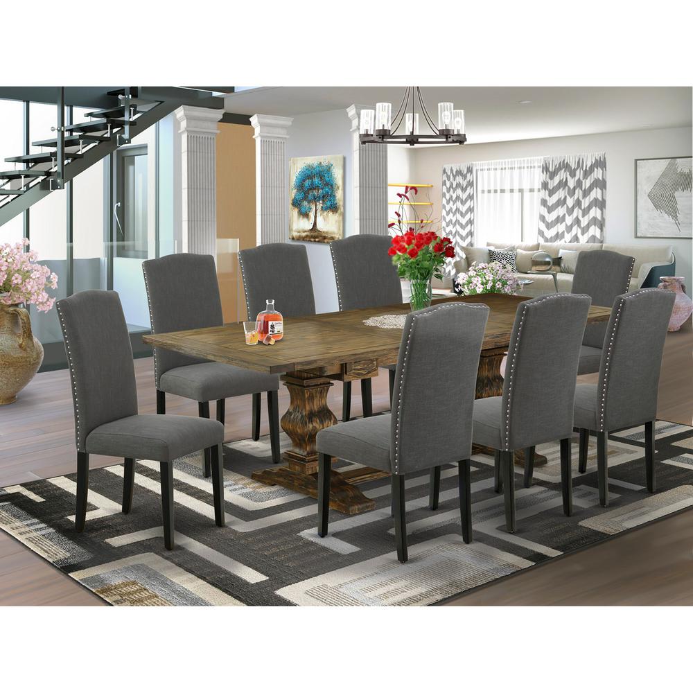 9 Piece Dining Room Table Set Includes a Rectangle Removable Leaf Kitchen Table and 8 Dark Gotham Linen Fabric Upholstered Chairs, 42x92 Inch, Jacobean. Picture 2