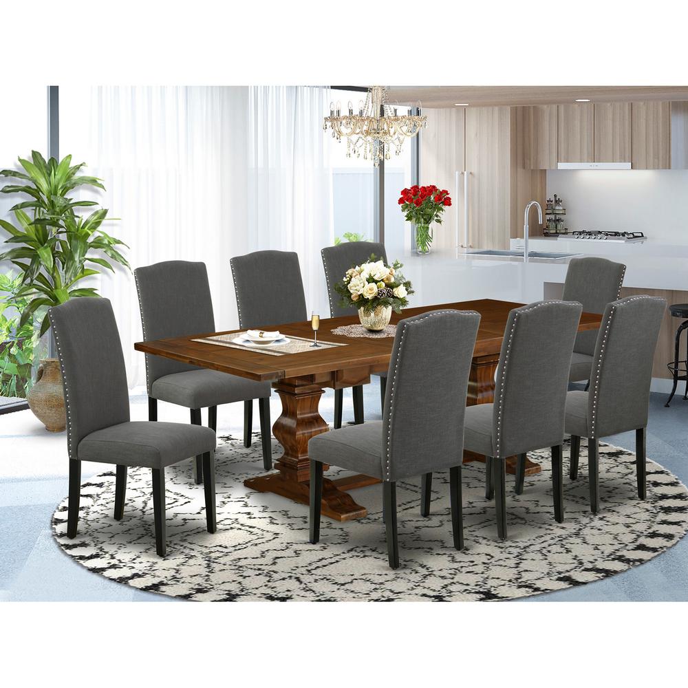 East West Furniture LAEN9-81-20 9 Piece Dining Room Table Set Includes a Rectangle Kitchen Table with Removable Leaf and 8 Dark Gotham Linen Fabric Parson Chairs, 42x92 Inch, Walnut. Picture 2