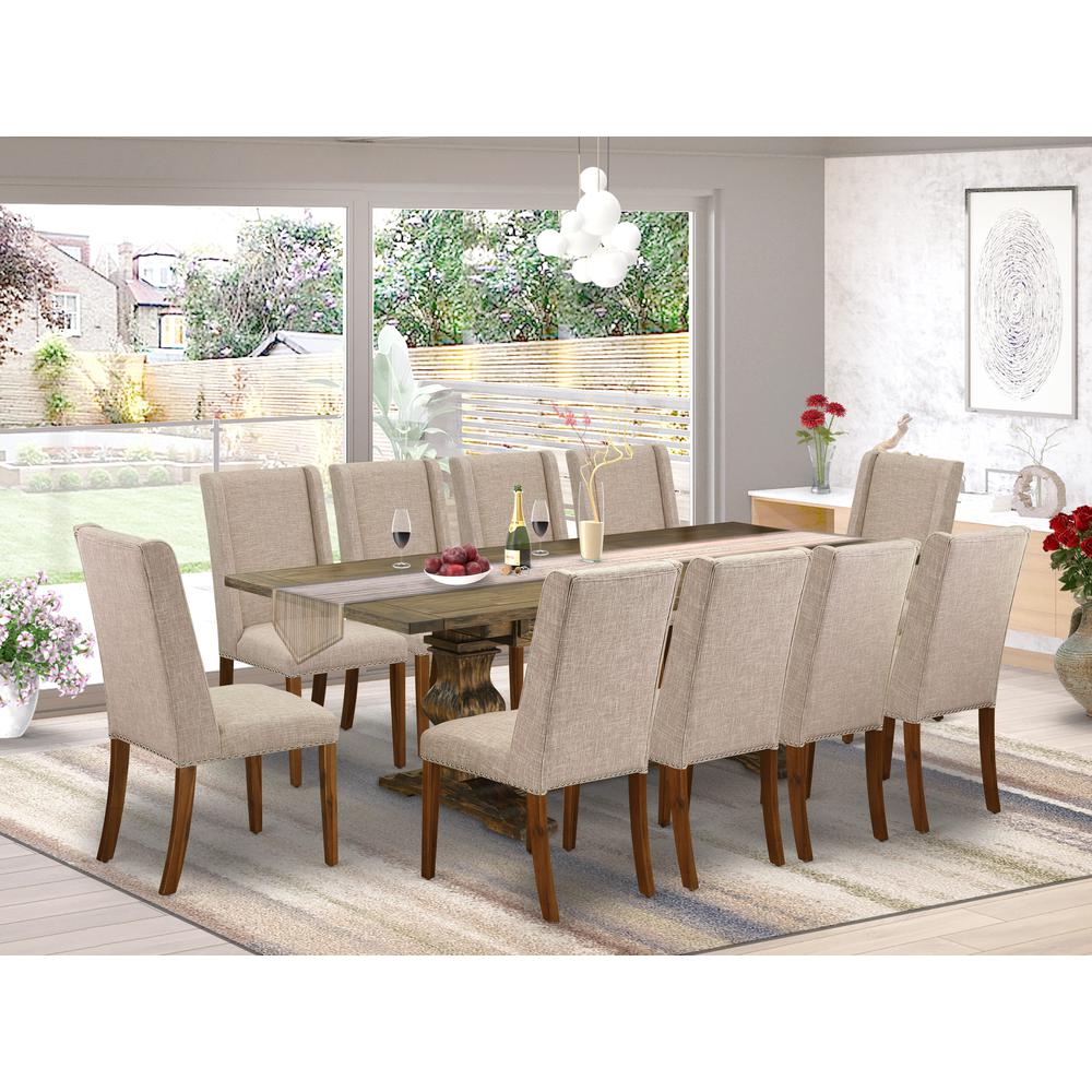 East West Furniture 11-Piece Dining Room Table Set Consists of a Rectangular Table and 10 Light Tan Linen Fabric Parson Chairs with High Back - Distressed Jacobean Finish. Picture 2