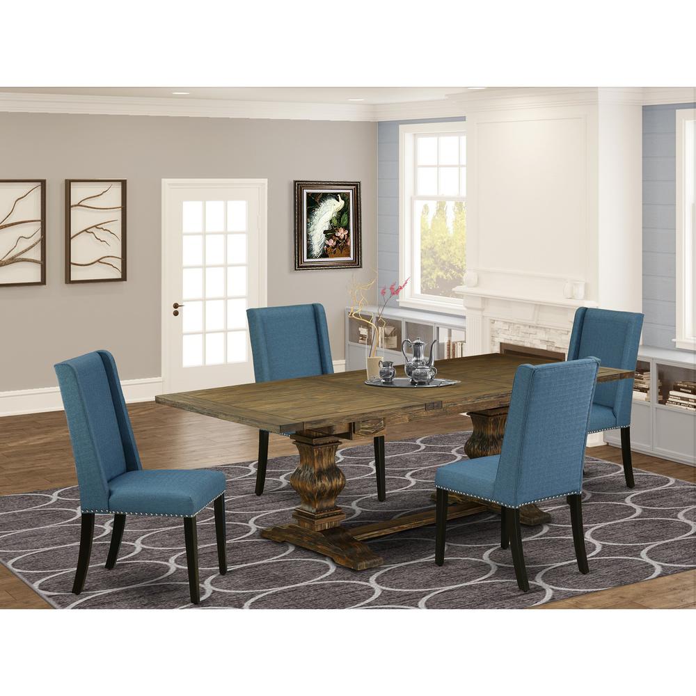 East West Furniture LAFL5-71-21 5 Piece Dining Table Set Includes a Rectangle Kitchen Table with Removable Leaf and 4 Blue Linen Fabric Parson Dining Chairs, 42x92 Inch, Jacobean. Picture 2