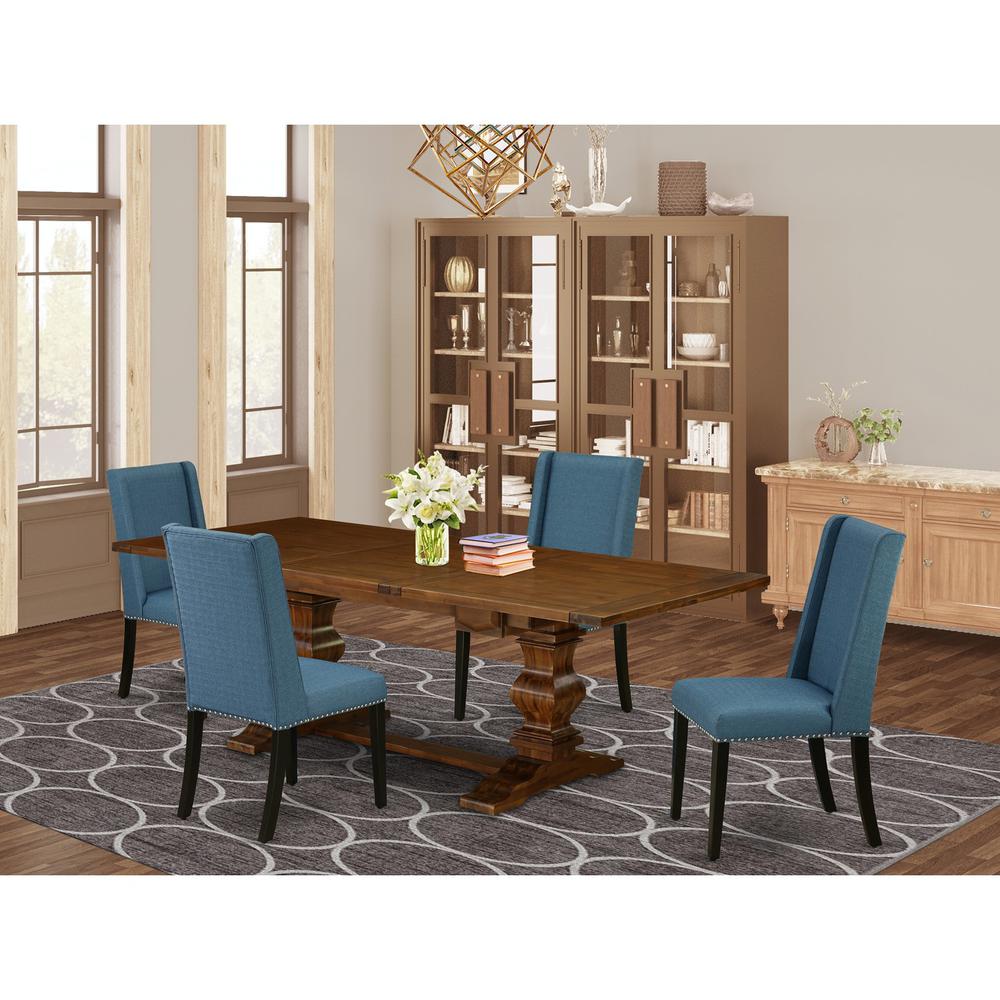 5 Piece Dinette Set Includes a Rectangle Dining Room Table with Removable Leaf and 4 Blue Linen Fabric Parsons Dining Chairs, 42x92 Inch, Walnut. Picture 2