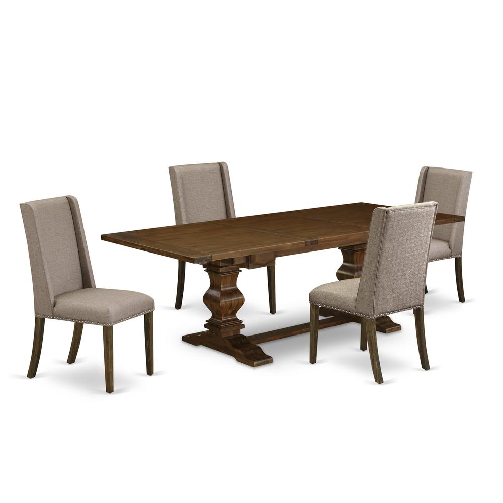 5-pc wood dining table set with Chair’s Legs and Dark Khaki Linen Fabric. Picture 1