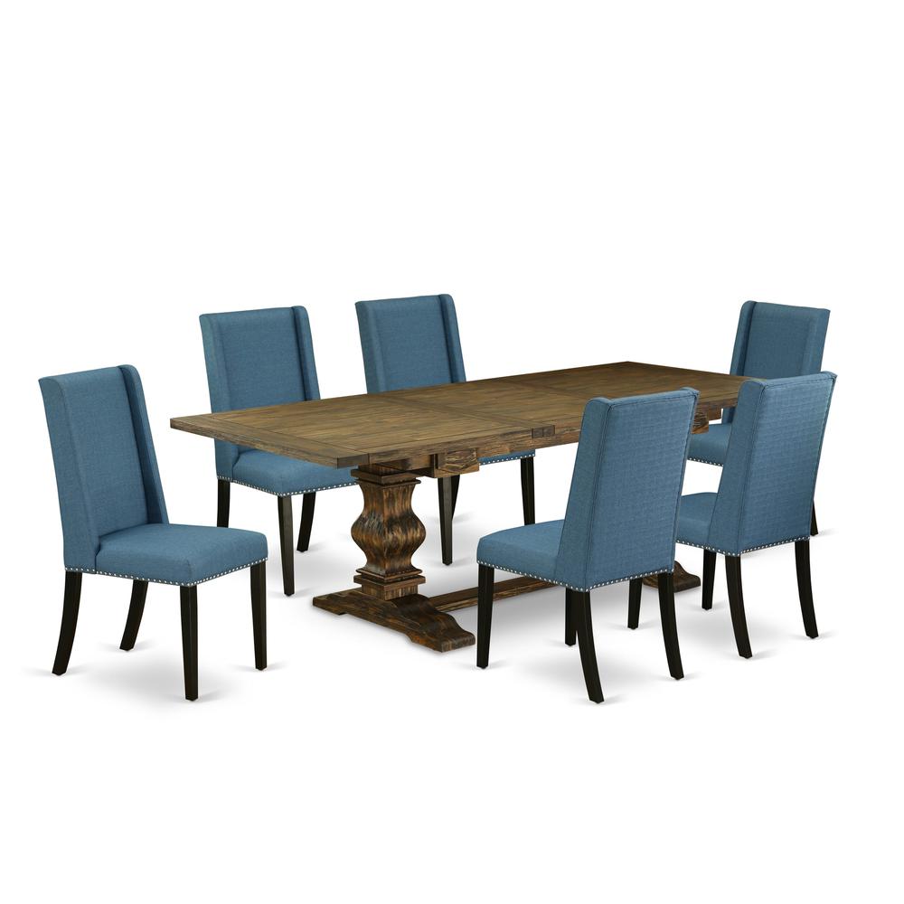 East West Furniture LAFL7-71-21 Lassale 7 Piece Dinette Set Consist of a Rectangle Room Table with Butterfly Leaf and 6 Blue Linen Fabric Parson Dining Chairs, 42x92 Inch, Jacobean. Picture 1