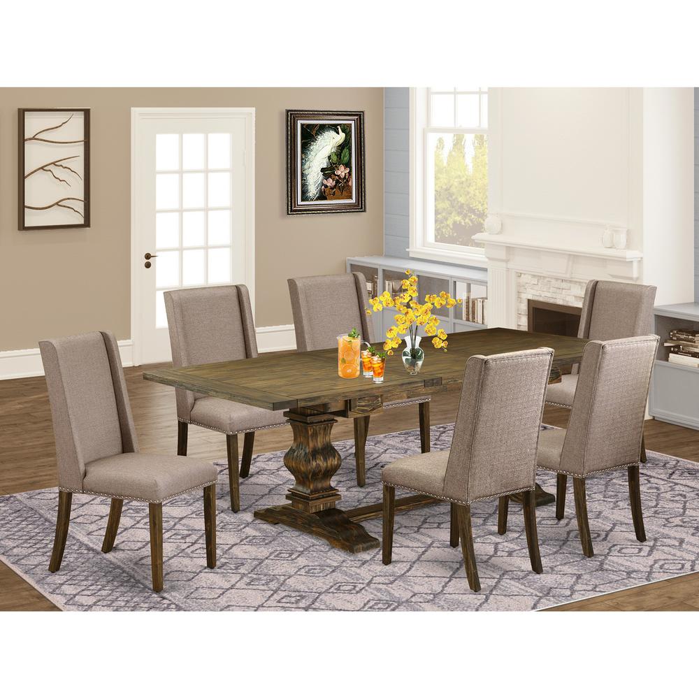 East West Furniture LAFL7-77-16 7 Piece Kitchen Table Set Consist of a Rectangle Dining Table with Removable Leaf and 6 Dark Khaki Linen Fabric Parsons Chairs, 42x92 Inch, Jacobean. Picture 2