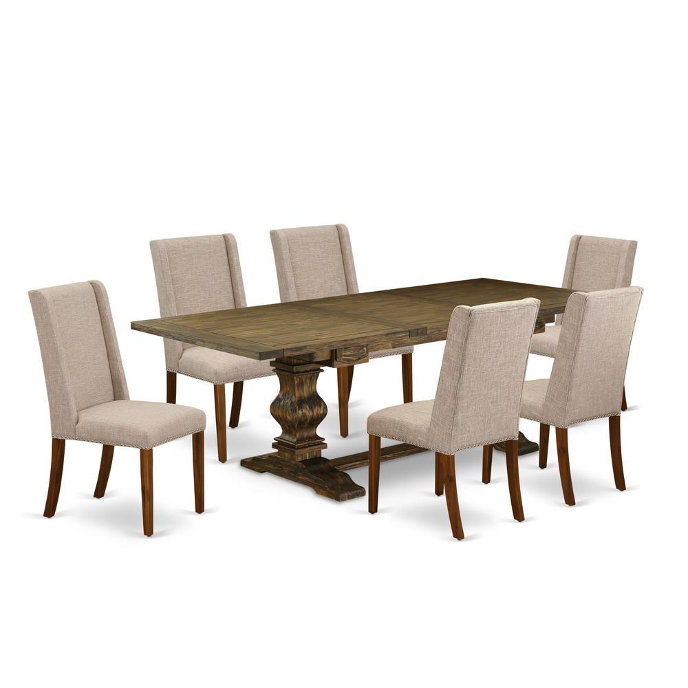 Lassale 7 Piece Dining Set Consist of a Rectangle Wooden Table with Butterfly Leaf and 6 Light Tan Linen Fabric Upholstered Chairs, 42x92 Inch, Jacobean. Picture 1
