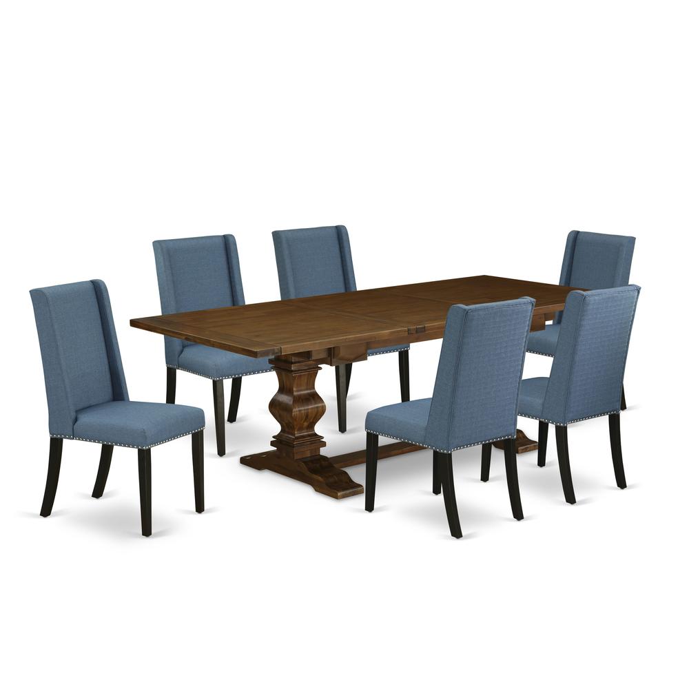 7-piece wood dining table set with Chair’s Legs and Mineral Blue Linen Fabric. Picture 1