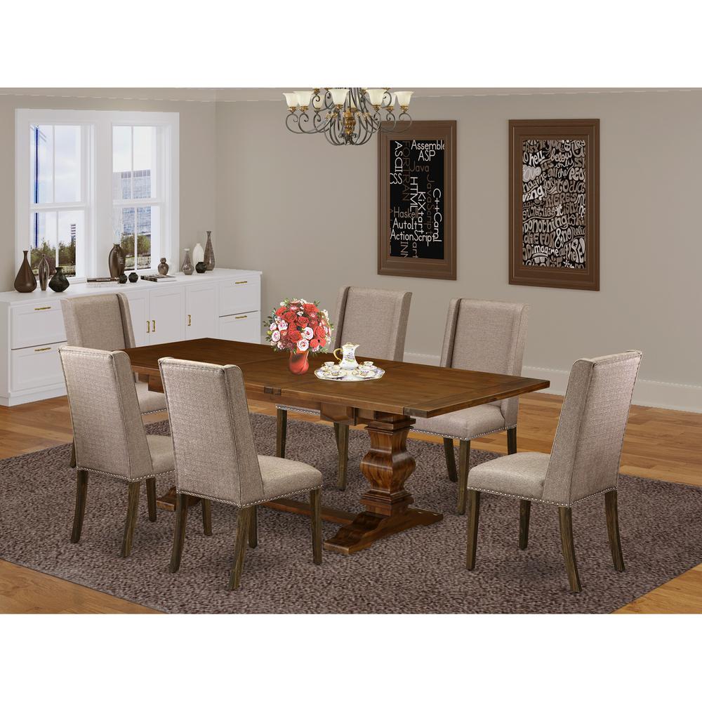 Lassale 7 Piece Set Consist of a Rectangle Dining Room Table with Butterfly Leaf and 6 Dark Khaki Linen Fabric Parson Chairs, 42x92 Inch, Walnut. Picture 2