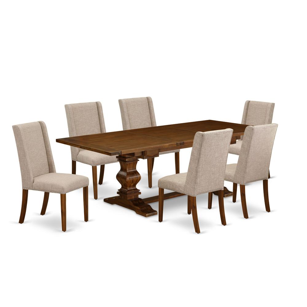 Lassale 7 Piece Kitchen Set Consist of a Rectangle Butterfly Leaf Dining Table and 6 Light Tan Linen Fabric Parson Chairs, 42x92 Inch, Walnut. Picture 1