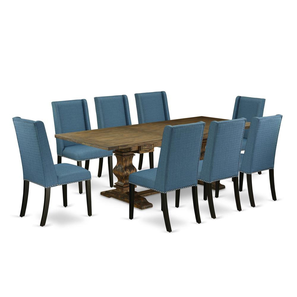 9 Piece Dining Room Furniture Set Includes a Rectangle Wooden Table with Butterfly Leaf and 8 Blue Linen Fabric Parson Dining Chairs, 42x92 Inch, Jacobean. Picture 1