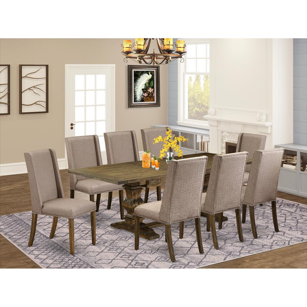 East West Furniture LAFL9-77-16 9 Piece Dining Set Includes a Rectangle Dining Room Table with Butterfly Leaf and 8 Dark Khaki Linen Fabric Upholstered Chairs, 42x92 Inch, Jacobean. Picture 2