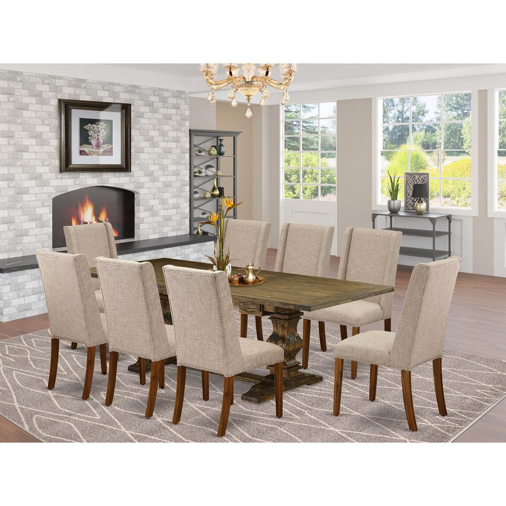 9 Piece Dining Table Set Includes a Rectangle Dining Room Table with Removable Leaf and 8 Light Tan Linen Fabric Upholstered Chairs, 42x92 Inch, Jacobean. Picture 2