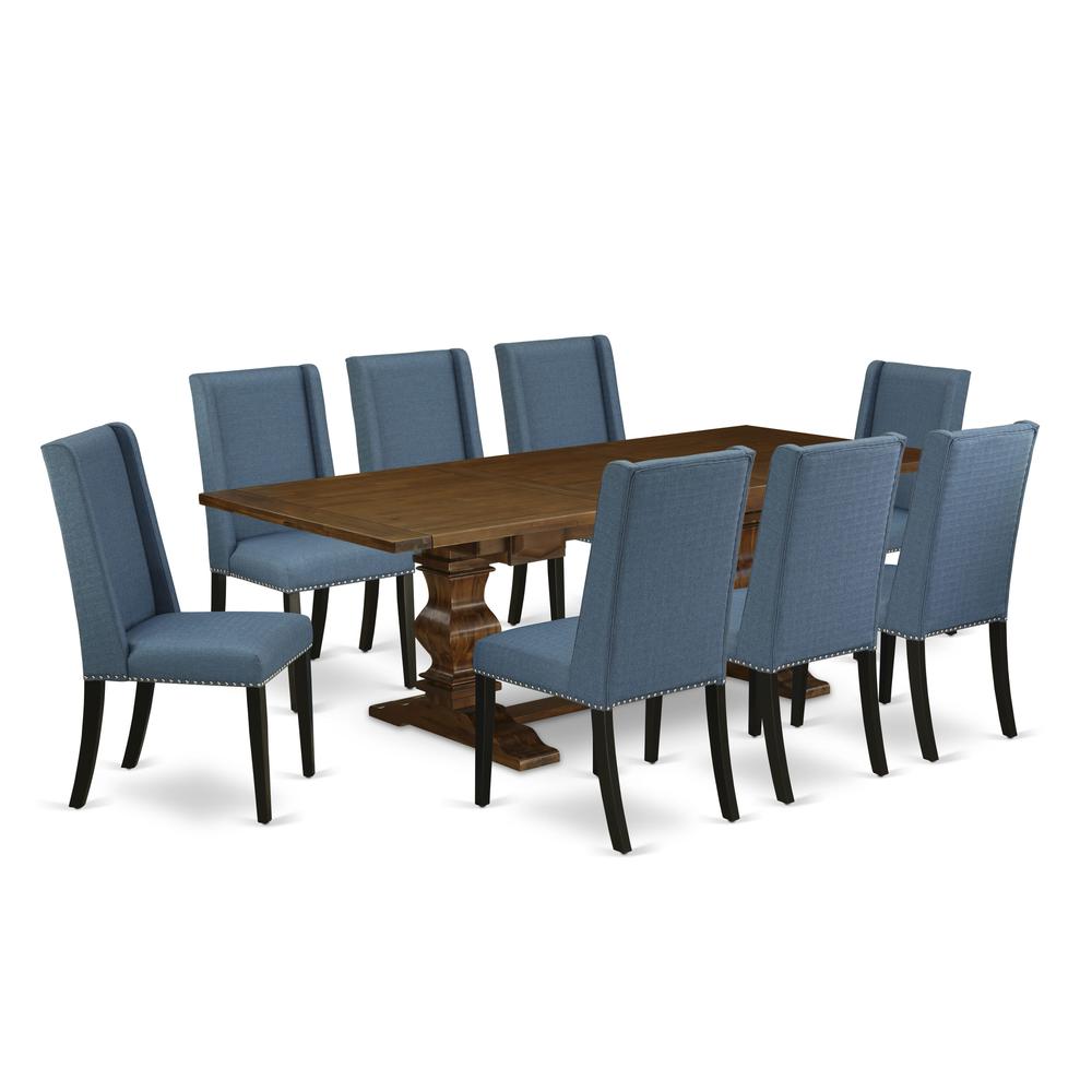 East West Furniture LAFL9-81-21 9 Piece Dining Table Set Includes a Rectangle Dining Room Table with Butterfly Leaf and 8 Blue Linen Fabric Parsons Chairs, 42x92 Inch, Walnut. Picture 1