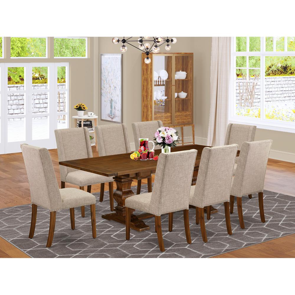 East West Furniture LAFL9-88-04 9 Piece Dining Set Includes a Rectangle Dining Room Table with Removable Leaf and 8 Light Tan Linen Fabric Upholstered Chairs, 42x92 Inch, Walnut. Picture 2