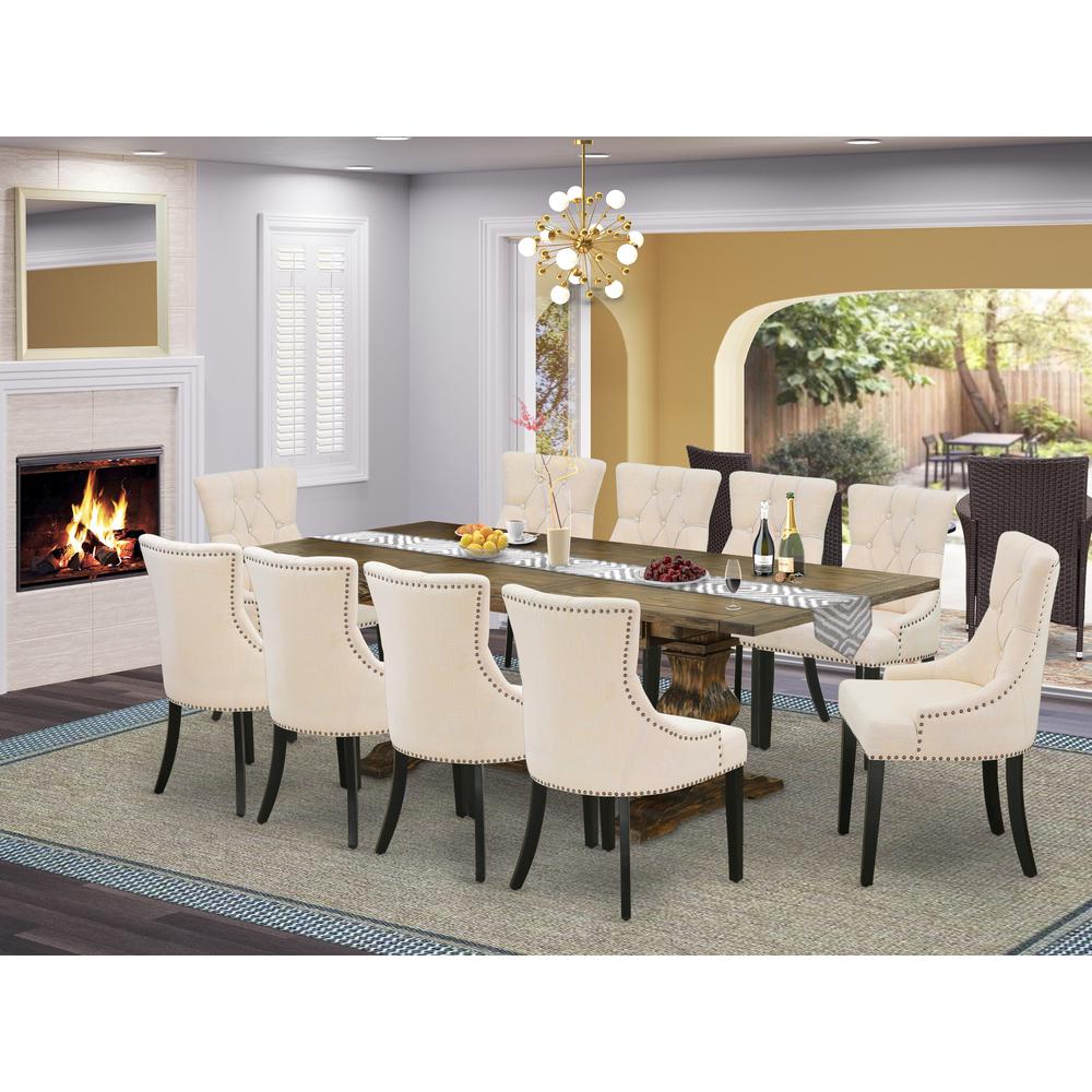 East West Furniture 11-Piece Modern Dining Set Consists of a Dining Room Table and 10 Light Beige Linen Fabric Dining Chairs with Button Tufted Back - Distressed Jacobean Finish. Picture 2