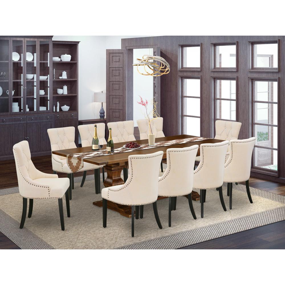 East West Furniture 11-Pieces Dinette Set - A Butterfly Leaf Double Pedestal Wooden Table and 10 Light Beige Linen Fabric Kitchen Chairs with Button Tufted Back - Antique Walnut Finish. Picture 2