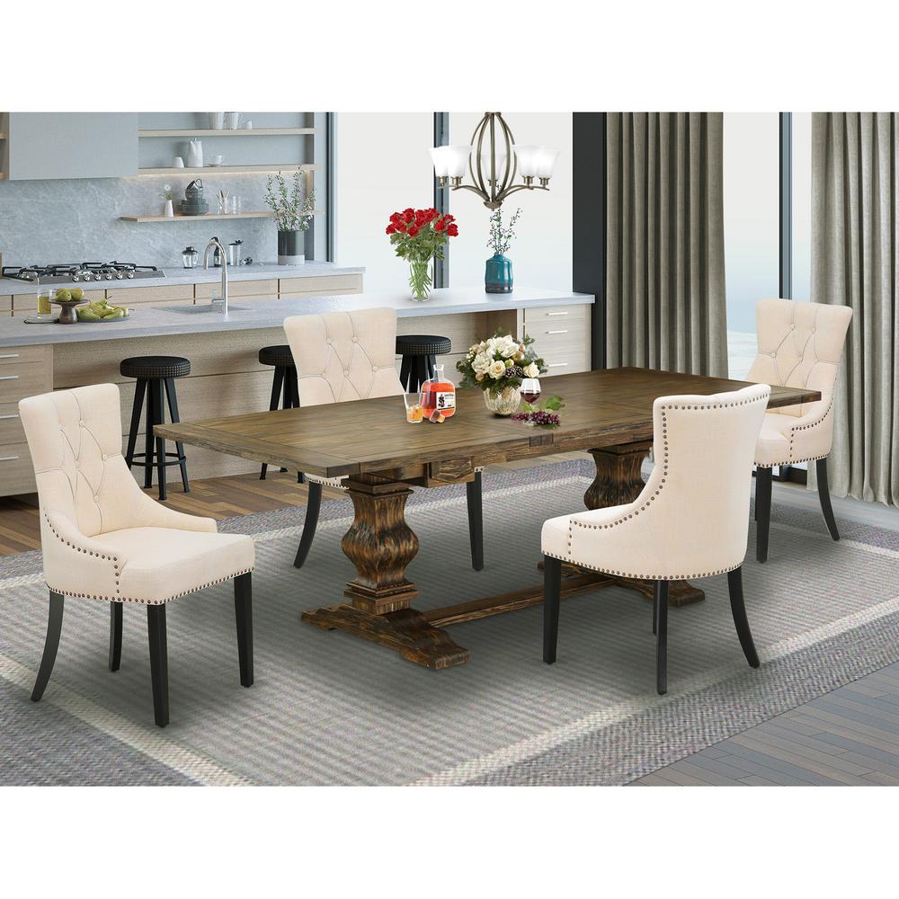 5 Piece Dining Table Set for 4 Includes a Rectangle Kitchen Table with Removable Leaf and 4 Light Beige Linen Fabric Parsons Chairs, 42x92 Inch, Jacobean. Picture 2