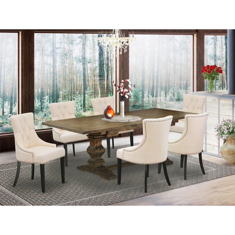 7 Piece Dining Table Set Consist of a Rectangle Removable Leaf Kitchen Table and 6 Light Beige Linen Fabric Parson Chairs, 42x92 Inch, Jacobean. Picture 2