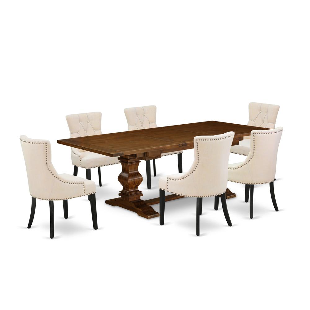 7 Piece Dining Room Set Consist of a Rectangle Wooden Table with Butterfly Leaf and 6 Light Beige Linen Fabric Parson Dining Chairs, 42x92 Inch, Walnut. Picture 1