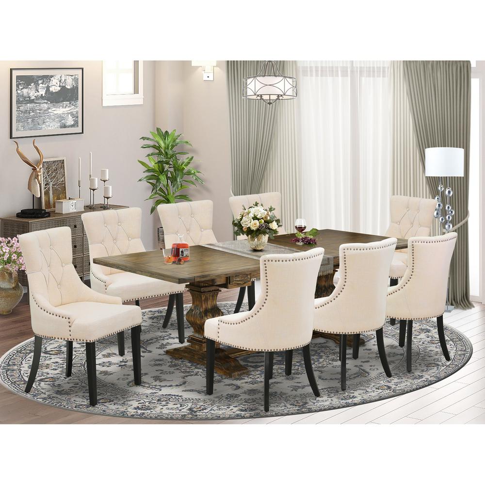9 Piece Dining Room Table Set Includes a Rectangle Kitchen Table with Removable Leaf and 8 Light Beige Linen Fabric Parson Chairs, 42x92 Inch, Jacobean. Picture 2