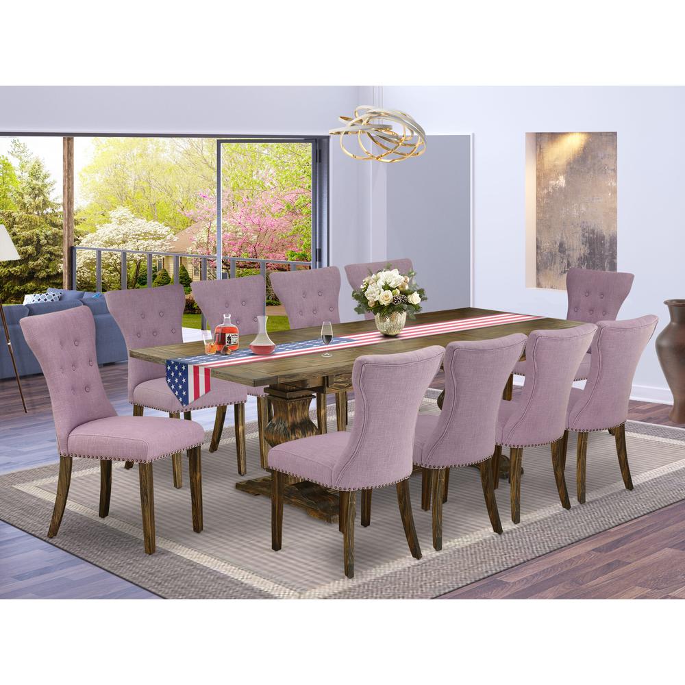 East West Furniture 11-Piece Kitchen Table Set Contains a Wooden Table and 10 Dahlia Linen Fabric Dining Room Chairs with Button Tufted Back - Distressed Jacobean Finish. Picture 2