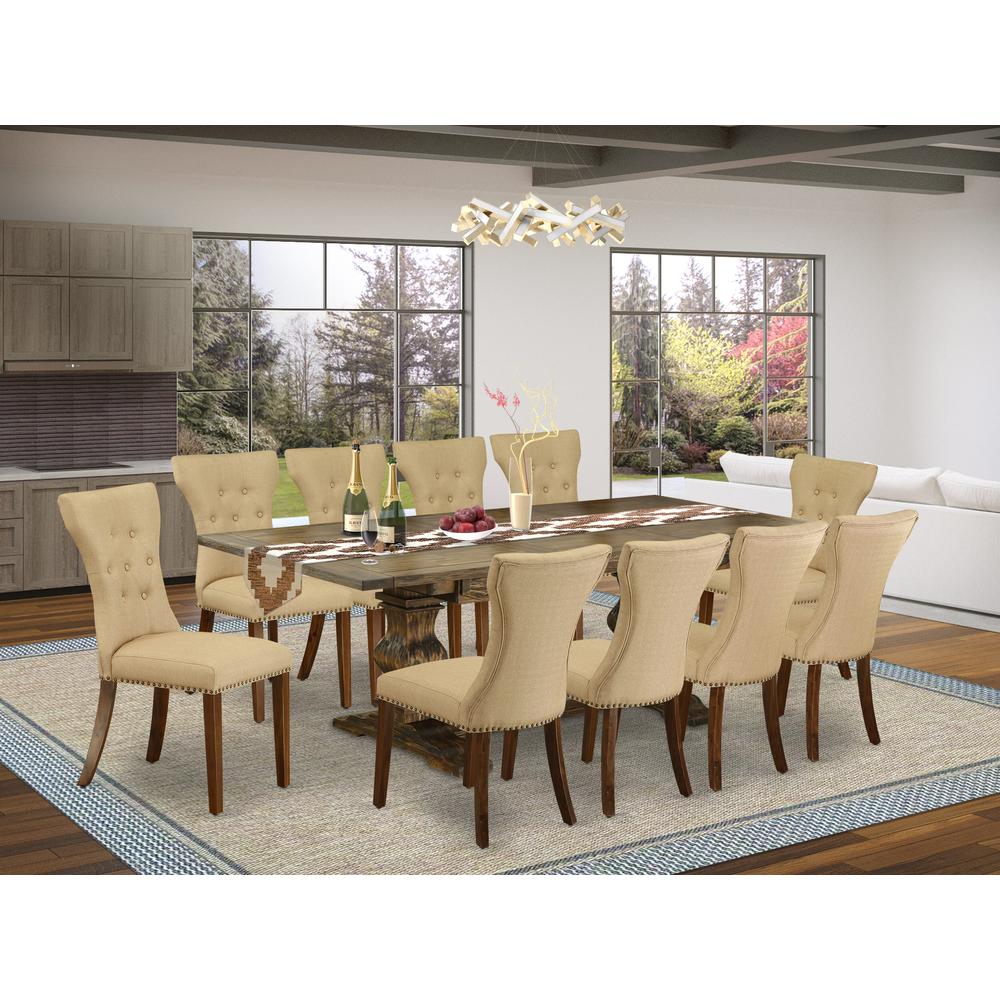 East West Furniture 11-Piece Kitchen Table Set Contains a Mid Century Dining Table and 10 Brown Linen Fabric Dining Room Chairs with Button Tufted Back - Distressed Jacobean Finish. Picture 2