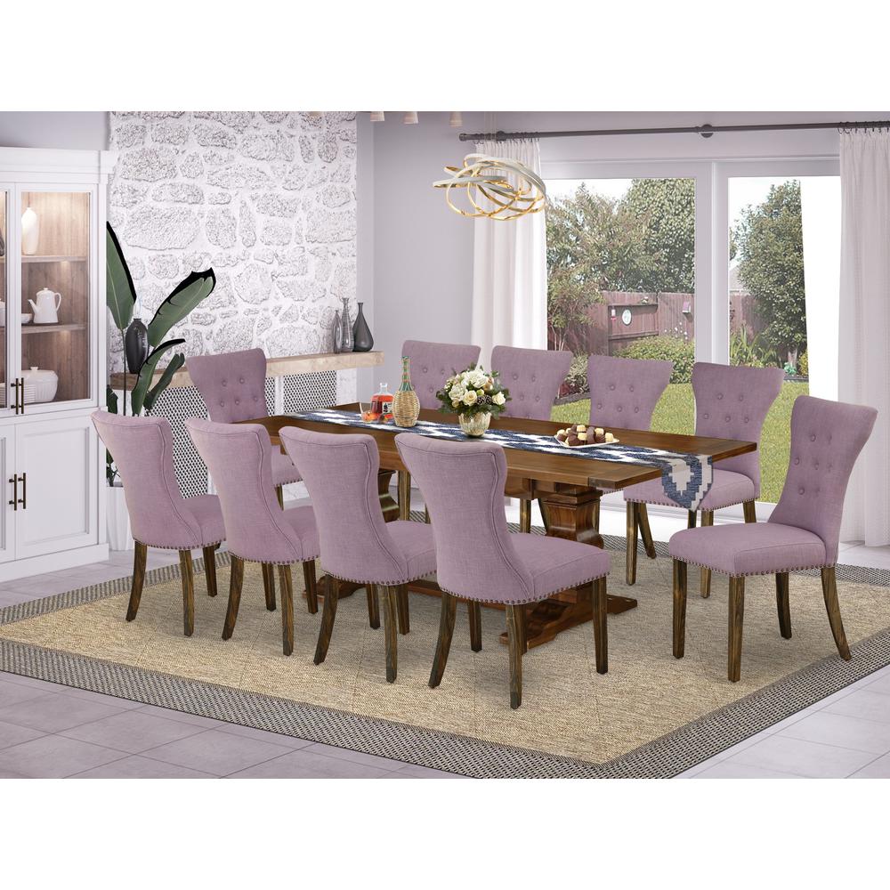 East West Furniture 11-Pc Dining Table Set - A Butterfly Leaf Double Pedestal Kitchen Table and 10 Dahlia Linen Fabric Modern Chairs with Button Tufted Back - Antique Walnut Finish. Picture 2