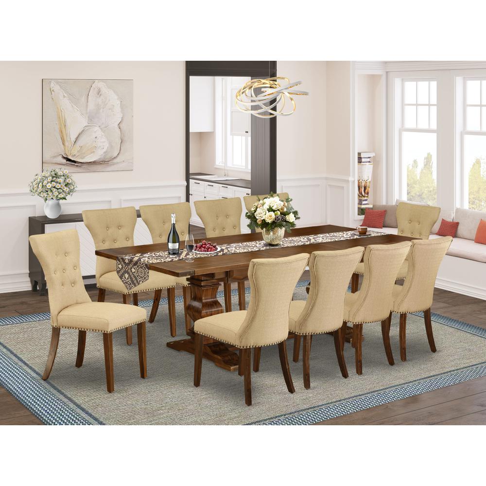 East West Furniture 11-Pieces Dining Set - A Butterfly Leaf Double Pedestal Dining Table and 10 Brown Linen Fabric Dining Chairs with button Tufted Back - Antique Walnut Finish. Picture 2