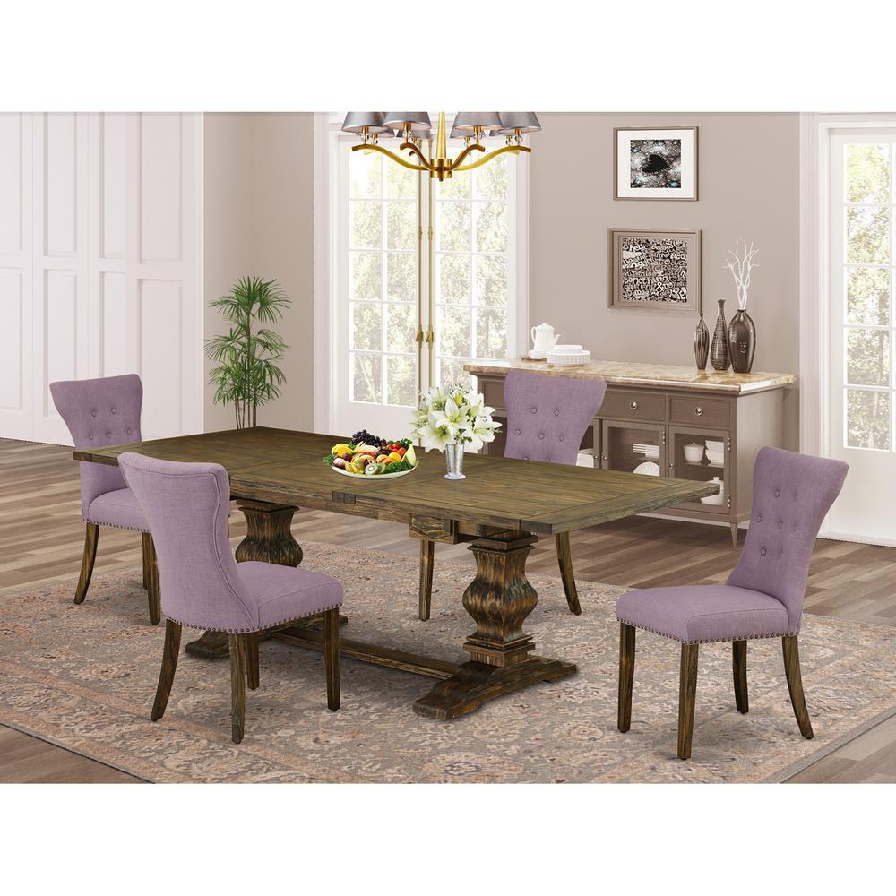 5 Piece Dining Room Furniture Set Includes a Rectangle Wooden Table with Removable Leaf and 4 Dahlia Linen Fabric Upholstered Chairs, 42x92 Inch, Jacobean. Picture 2