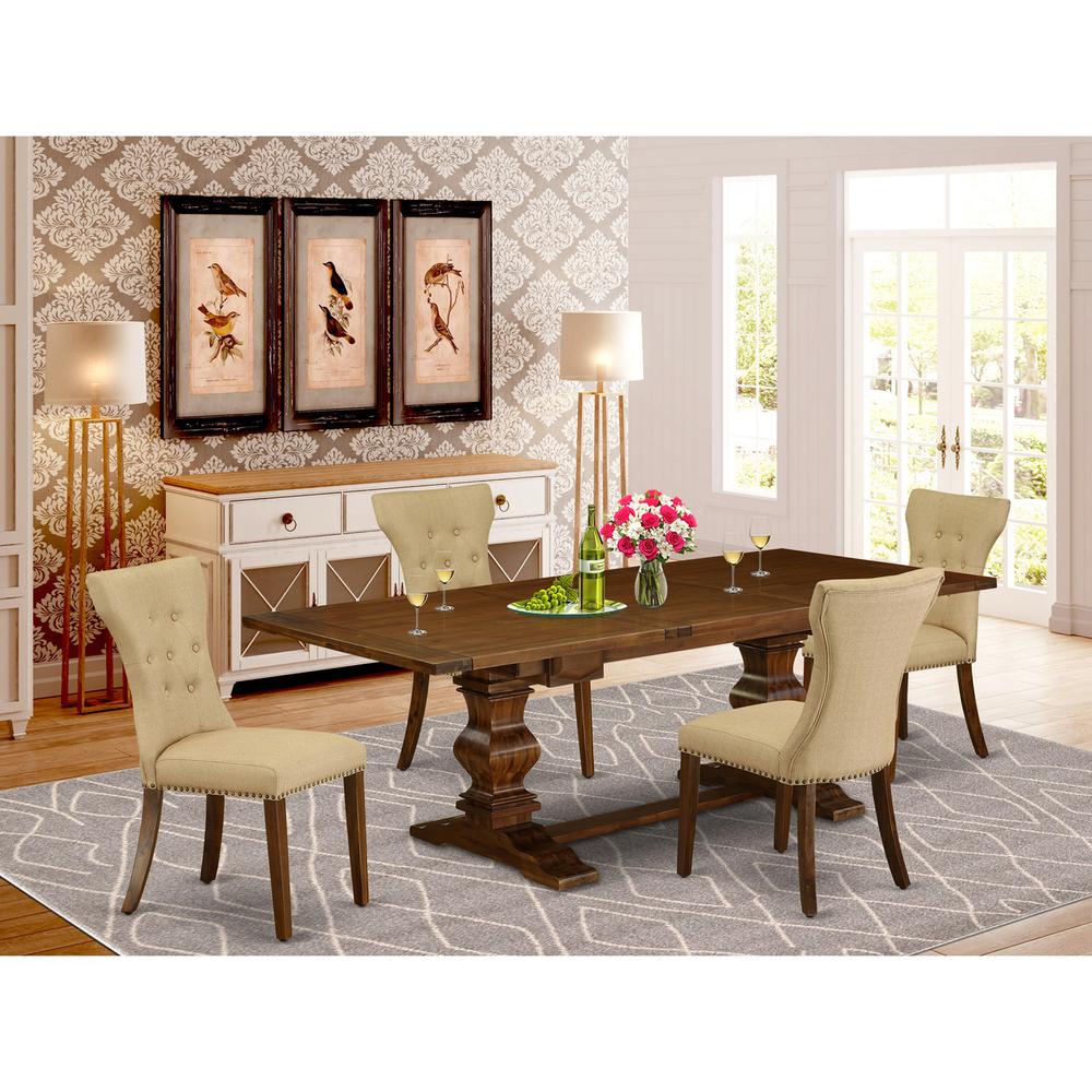 5 Piece Dining Room Table Set Includes a Rectangle Wooden Table with Removable Leaf and 4 Brown Linen Fabric Upholstered Chairs, 42x92 Inch, Walnut. Picture 2