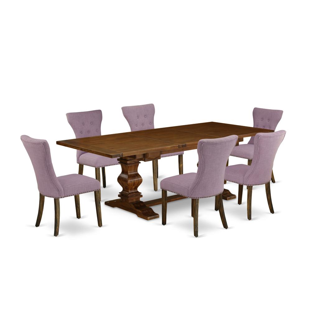 Kitchen table set with Brown Oak Finish Chair’s Legs and Brown Green Linen. Picture 1