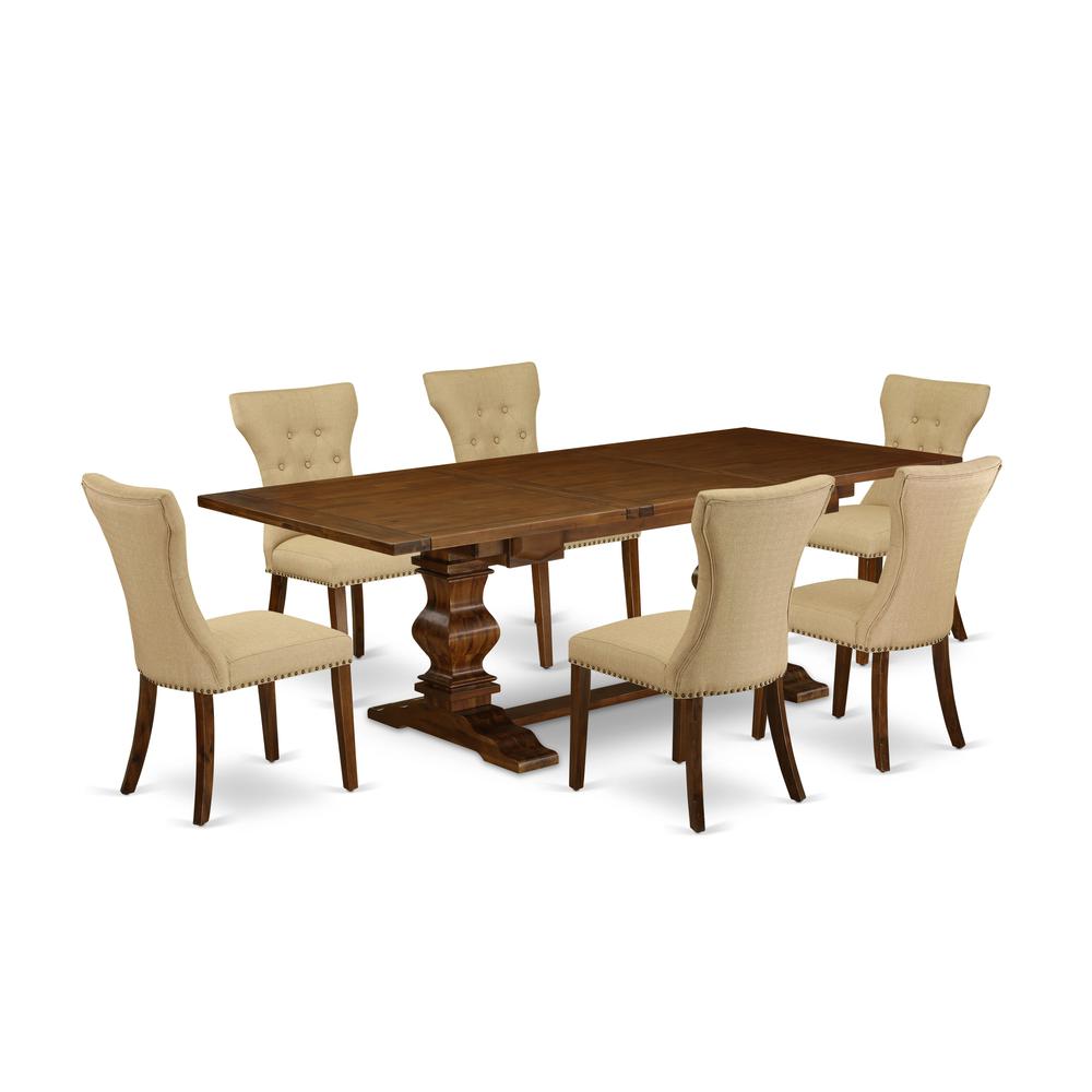 7 Piece Dining Room Table Set Consist of a Rectangle Wooden Table with Removable Leaf and 6 Brown Linen Fabric Upholstered Chairs, 42x92 Inch, Walnut. Picture 1