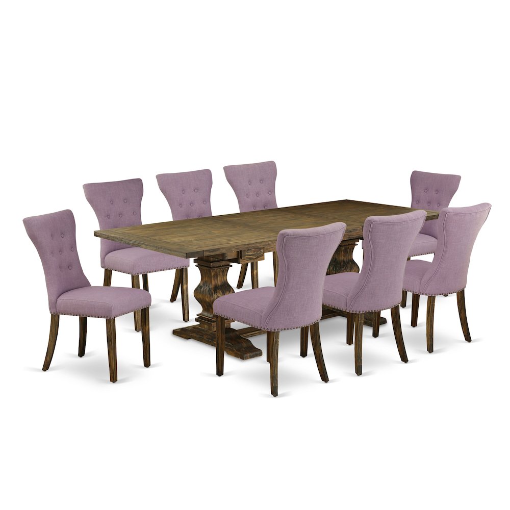 East West Furniture LAGA9-77-40 9 Piece Kitchen Table Set Includes a Rectangle Dining Table with Removable Leaf and 8 Dahlia Linen Fabric Parsons Dining Chairs, 42x92 Inch, Jacobean. Picture 1