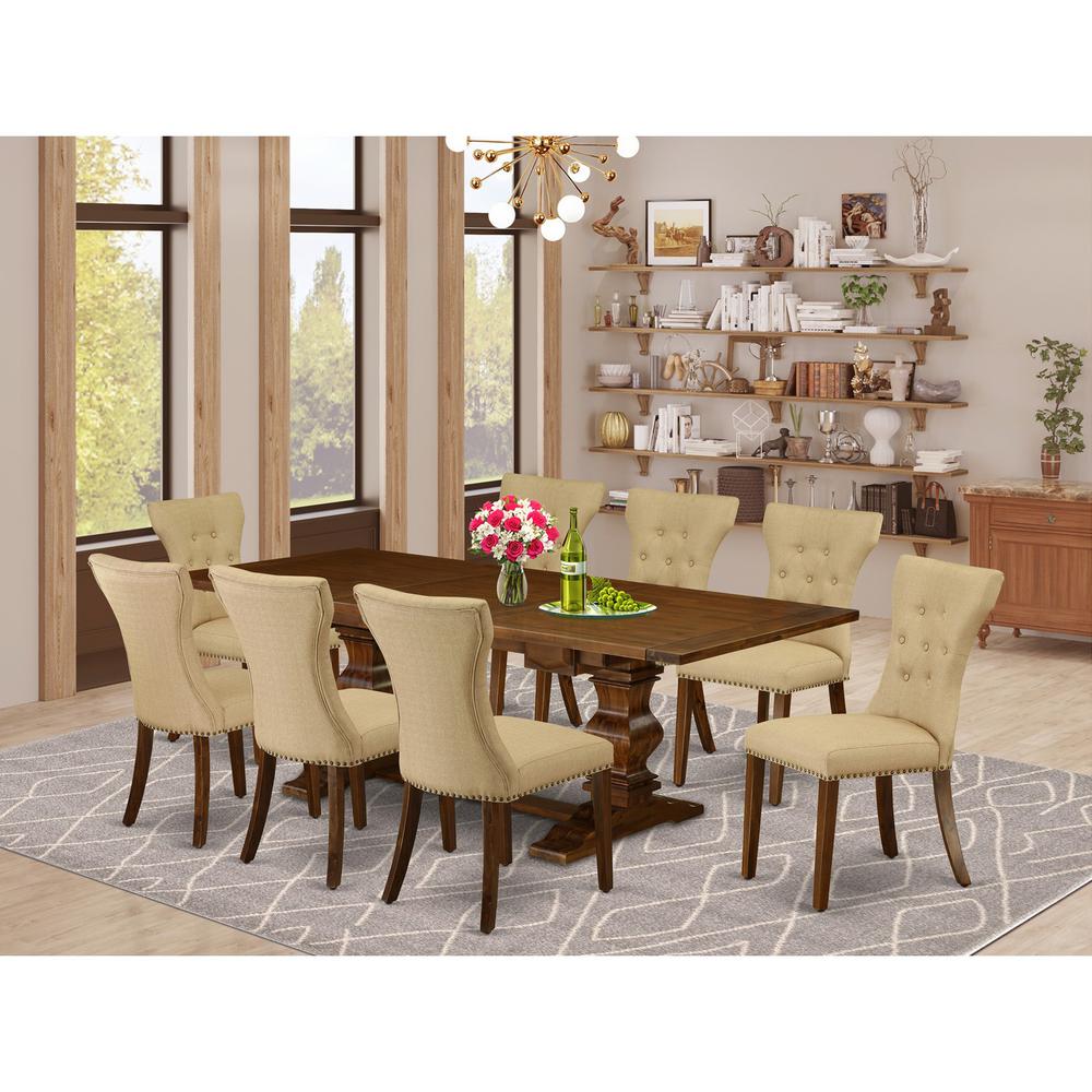 9 Piece Dining Table Set includes a Rectangle Kitchen Table with Removable Leaf and 8 Brown Linen Fabric Parson Dining Chairs, 42x92 Inch, Walnut. Picture 2