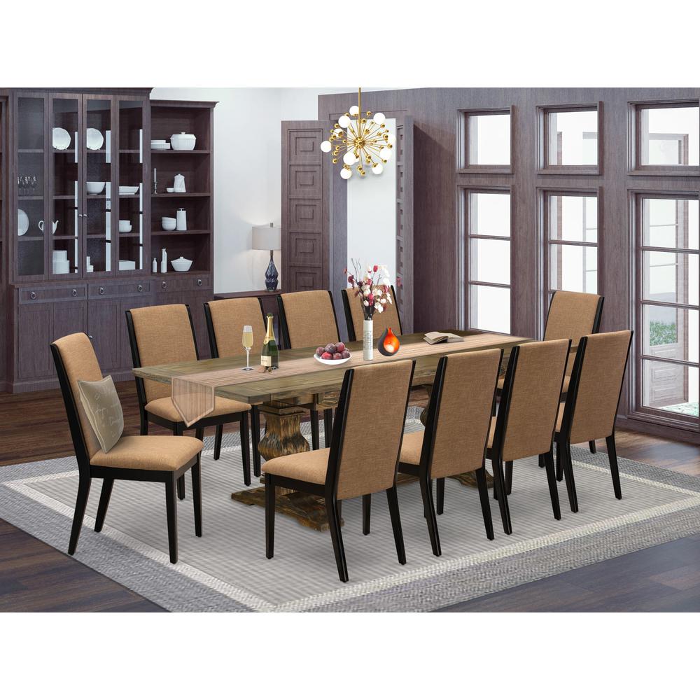 East West Furniture 11-Piece Dinner Table Set Consists of a Wooden Dining Table and 10 Light Sable Linen Fabric Dining Chairs with High Back - Distressed Jacobean Finish. Picture 2
