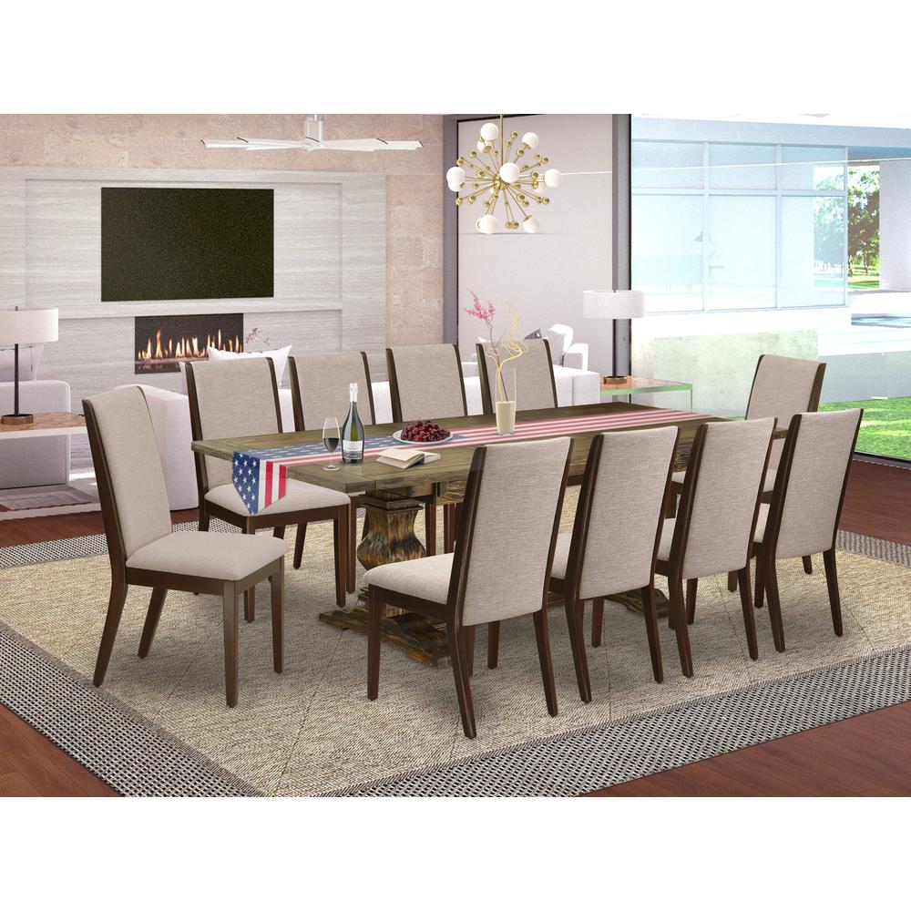 East West Furniture 11-Piece Kitchen Dining Table Set Contains a Rectangular Table and 10 Light Tan Linen Fabric Upholstered Chairs with High Back - Distressed Jacobean Finish. Picture 2