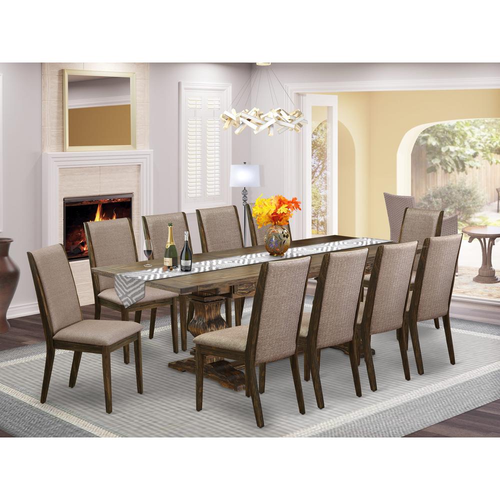 East West Furniture 11-Pc Dining Set Includes a Wooden Dining Table and 10 Dark Khaki Linen Fabric Parson Dining Chairs with High Back - Distressed Jacobean Finish. Picture 2
