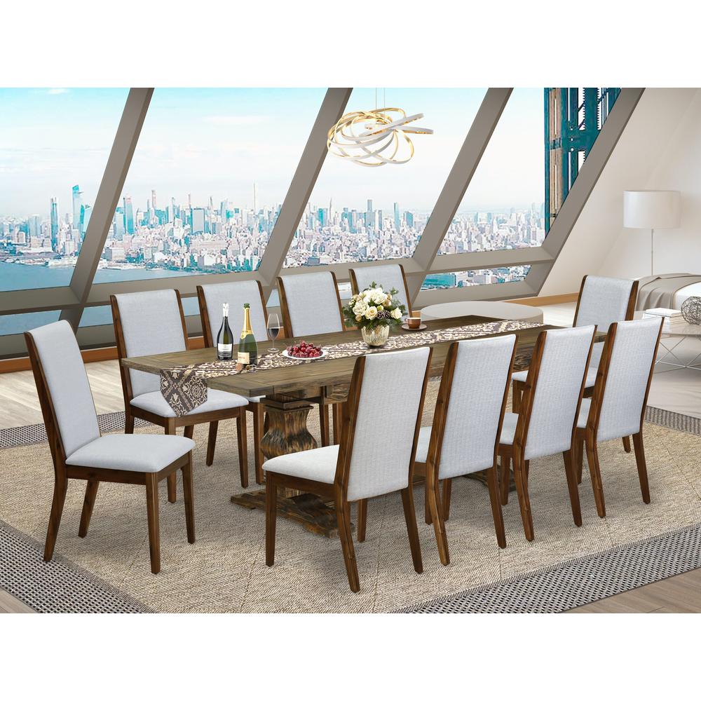 East West Furniture 11-PIECE Dining Set Includes a Dinning Room Table and 10 Grey Linen Fabric Mid Century Modern Dining Chairs with High Back - Distressed Jacobean Finish. Picture 2