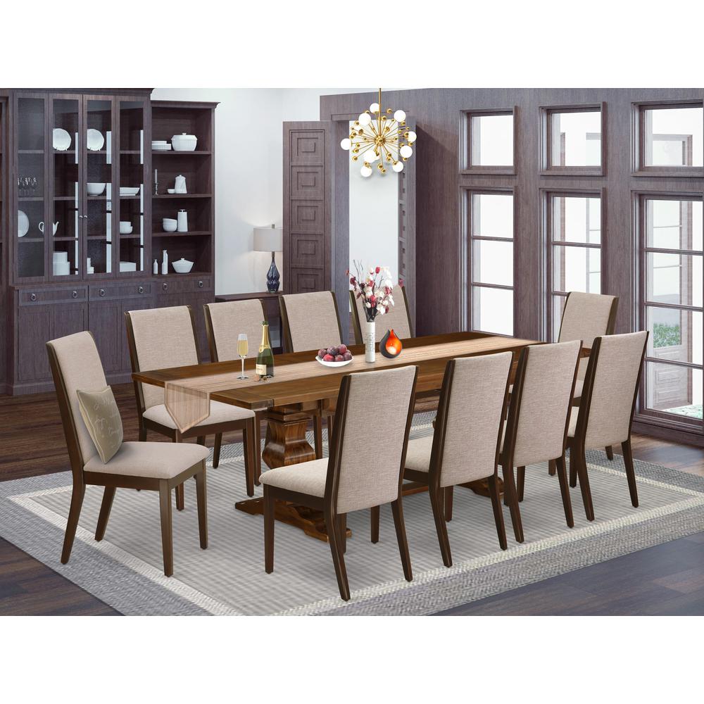East West Furniture 11-Pieces Dining Set - A Butterfly Leaf Double Pedestal Dinner Table and 10 Light Tan Linen Fabric Upholstered Dining Chairs with High Back - Antique Walnut Finish. Picture 2
