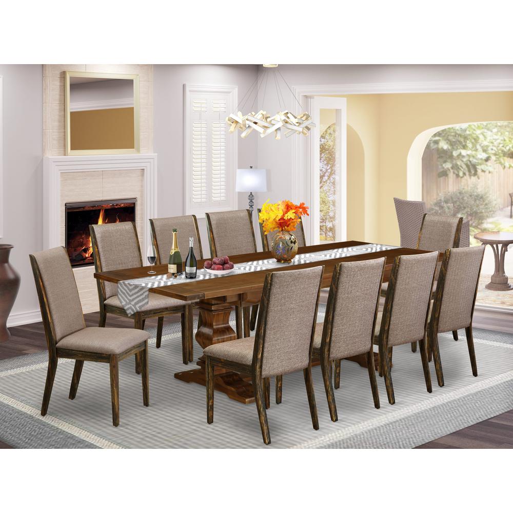 East West Furniture 11-Pieces Kitchen Table Set - A Butterfly Leaf Double Pedestal Modern Kitchen Table and 10 Dark Khaki Linen Fabric Dining Chairs with High Back - Antique Walnut Finish. Picture 2