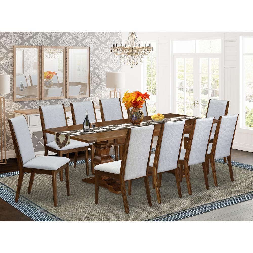 East West Furniture 11-Pieces Dining Room Set - A Butterfly Leaf Double Pedestal Dining Room Table and 10 Grey Linen Fabric Kitchen Chairs with High Back - Antique Walnut Finish. Picture 2