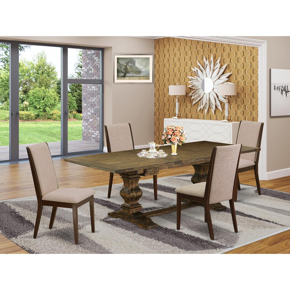 5 Piece Dining Room Table Set Includes a Rectangle Kitchen Table with Removable Leaf and 4 Light Tan Linen Fabric Parsons Chairs, 42x92 Inch, Jacobean. Picture 2