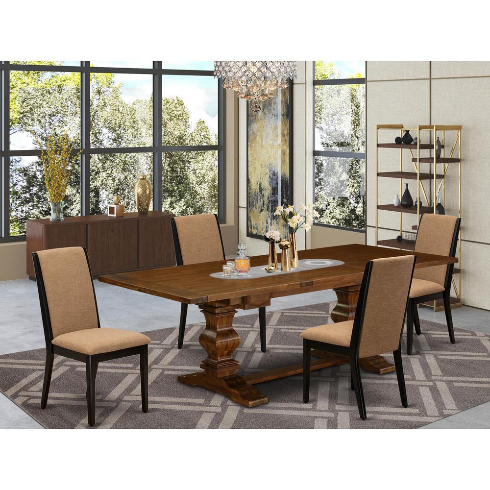 5 Piece Dining Room Table Set Includes a Rectangle Removable Leaf Kitchen Table and 4 Light Sable Linen Fabric Upholstered Chairs, 42x92 Inch, Walnut. Picture 2