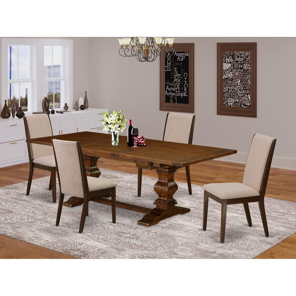 5 Piece Dining Table Set Includes a Rectangle Removable Leaf Kitchen Table and 4 Light Tan Linen Fabric Upholstered Chairs, 42x92 Inch, Walnut. Picture 3