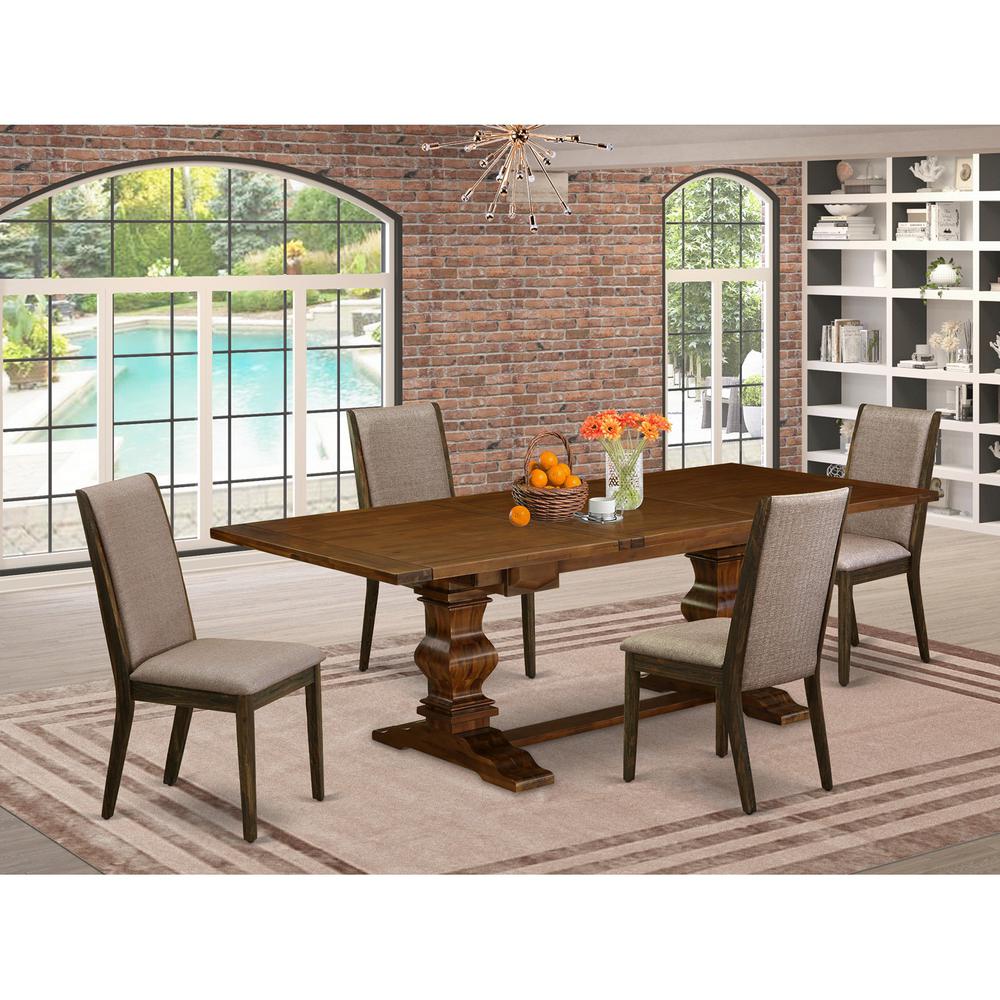 5 Piece Dining Table Set for 4 Includes a Rectangle Kitchen Table with Removable Leaf and 4 Dark Khaki Linen Fabric Parsons Chairs, 42x92 Inch, Walnut. Picture 2