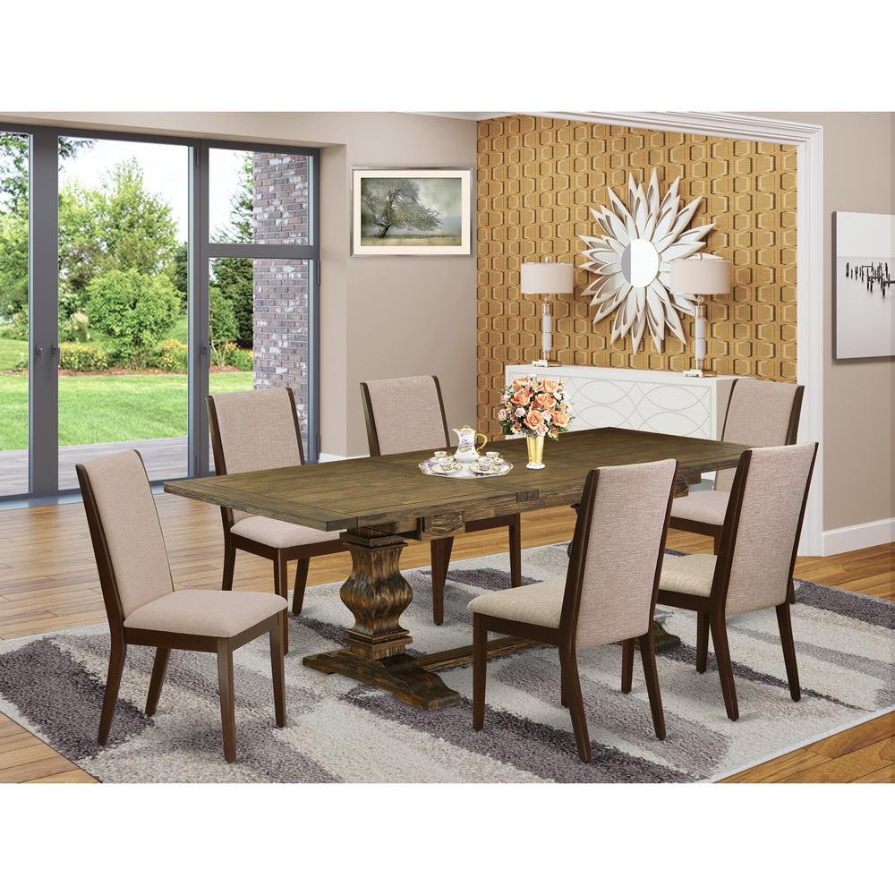 7 Piece Dining Set Consist of a Rectangle Dining Room Table with Removable Leaf and 6 Light Tan Linen Fabric Upholstered Chairs, 42x92 Inch, Jacobean. Picture 2