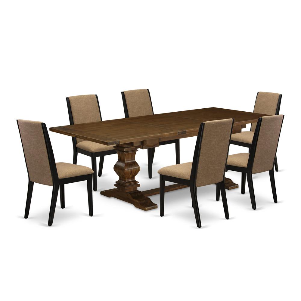 East West Furniture LALA7-81-47 7 Piece Dining Set Consist of a Rectangle Dining Room Table with Removable Leaf and 6 Light Sable Linen Fabric Parsons Chairs, 42x92 Inch, Walnut. Picture 1
