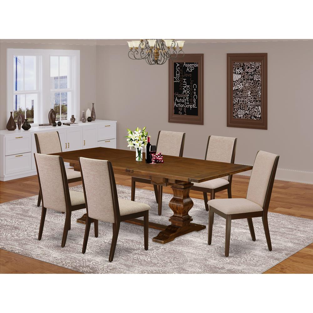East West Furniture LALA7-83-04 7 Piece Dinette Set Consist of a Rectangle Dining Table with Removable Leaf and 6 Light Tan Linen Fabric Parson Dining Chairs, 42x92 Inch, Walnut. Picture 2