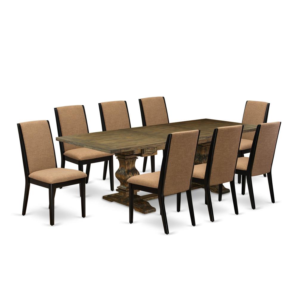 9-pc dining room table set with Chair’s Legs and Light Sable Linen Fabric. Picture 1
